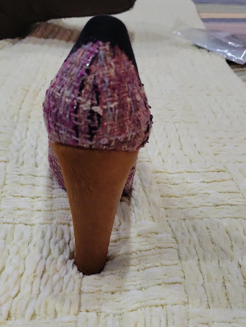 Jessica Simpson Pink Tweed Platform Pumps with Black Trim and Brown Block Heel